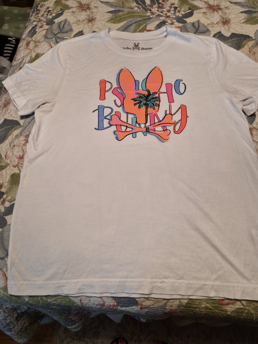 Psycho Bunny White Short-Sleeve Tee with Orange, Pink & Blue Logo